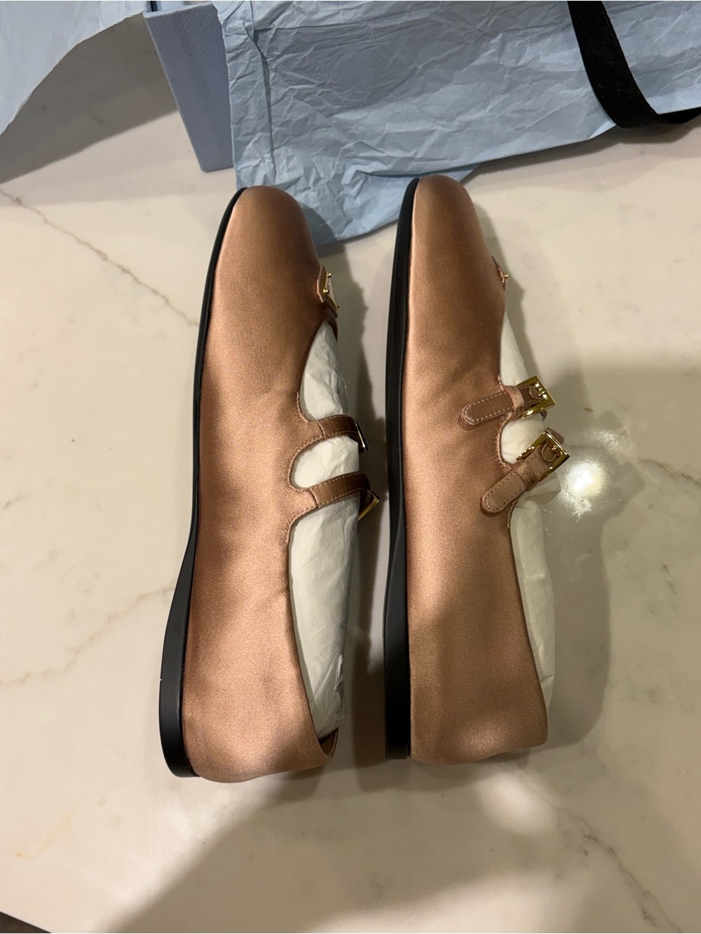 Prada Double-Strap Mary Jane Flats in Rose Gold Metallic - Picture 3 of 10